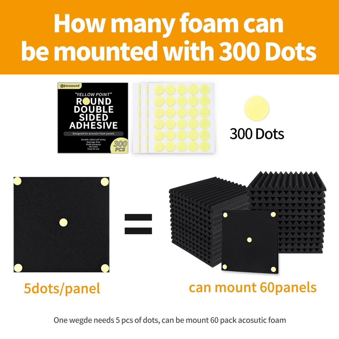 Focusound 300 Pack Yellow Point Double-Sided Adhesive Dots for Acoustic Soundproofing Foam Panels