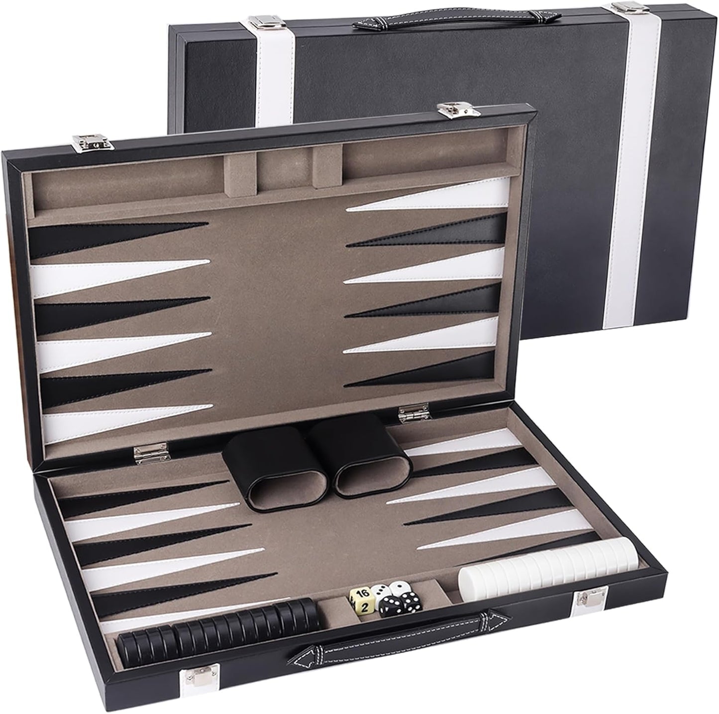 GSE Games & Sports Expert Premium Leather Backgammon Board Game Set, Classic Backgammon Game Set with Leather Case, Travel Folding Board Game (Black&Grey, Medium)
