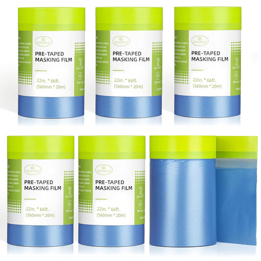Pre-Taped Masking Film for Painting - 22" x 66' Painters Plastic Sheeting with Automotive Paint Tape and Drape for Covering Cars, Walls, Windows and Furniture Protection (6 Rolls)