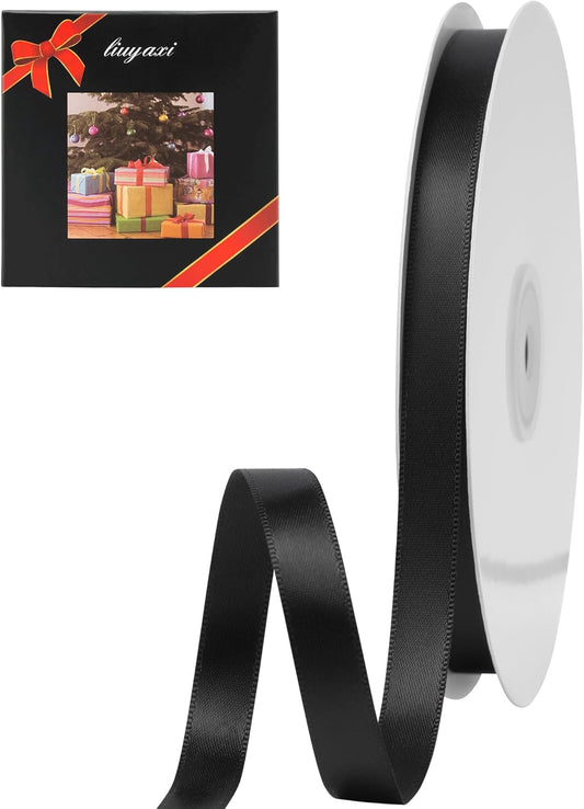 LIUYAXI Black Stain Ribbon, 1/2" X Continuous 50 Yards, Double Faced Fabric Ribbon Perfect for Gift Wrapping Wedding Christmas Birthday Floral Arrangement Craft