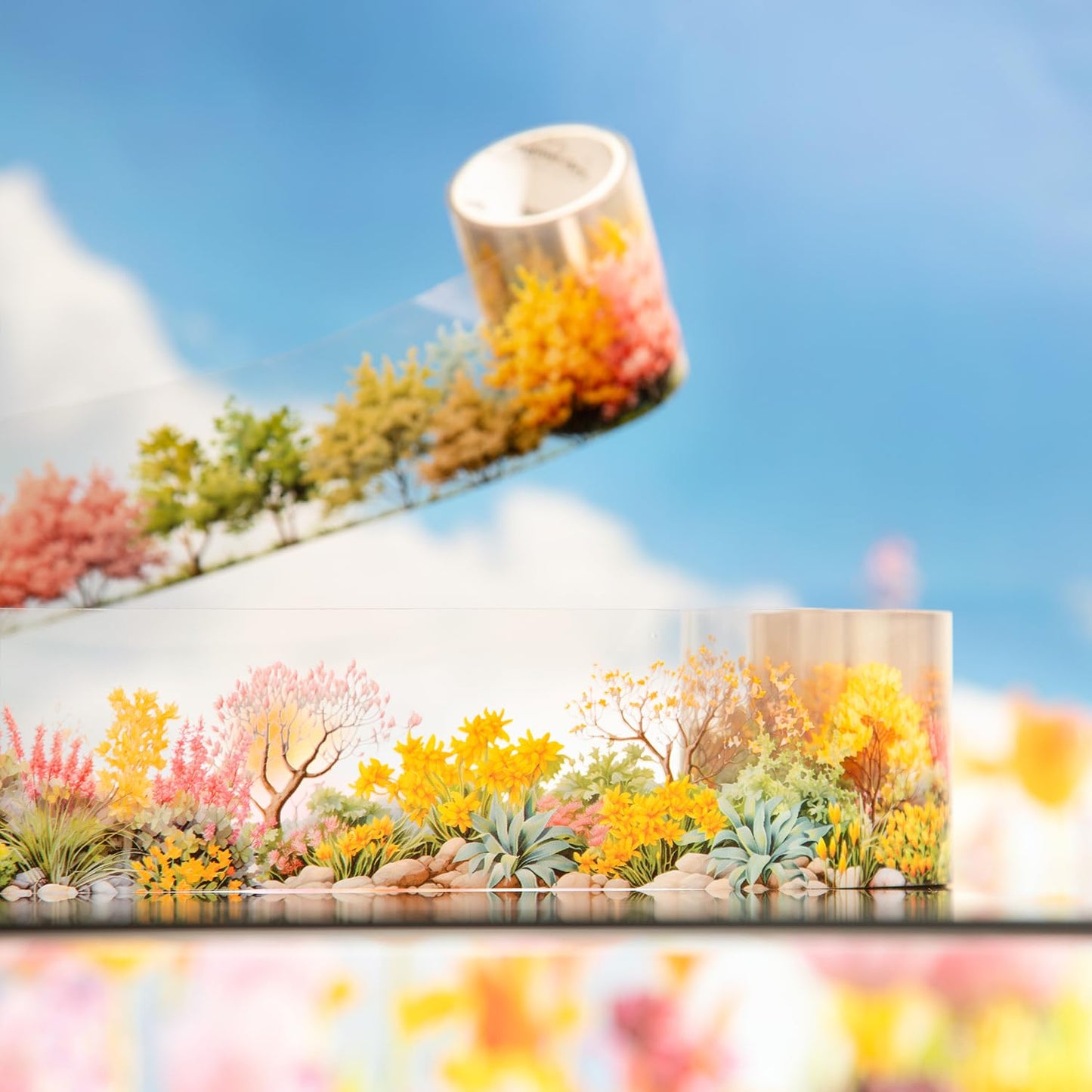 6 Rolls Transparent Floral and Botanical PET Tape Set, Landscape Stickers for Journaling, Scrapbooking, and DIY Crafts, with Decorative Clip