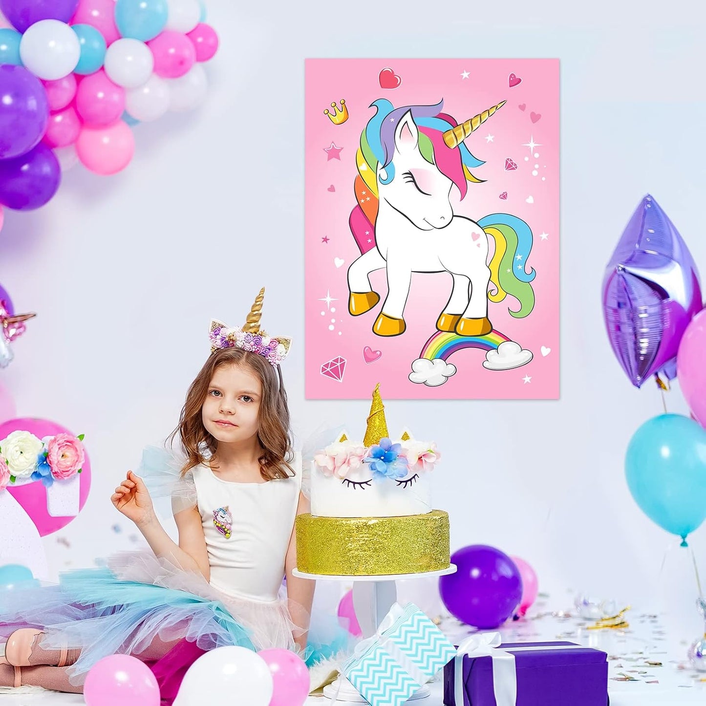 ASTARON Pin The Horn on The Unicorn Birthday Party Game with 30 Horns for Unicorn Party Supplies Favors Girls Rainbow Party Decorations, Pin The Tail Game for Christmas