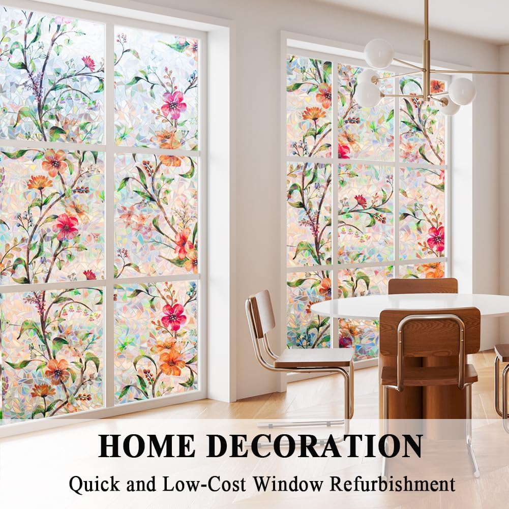 Stained Glass Window Film Static Cling Door Privacy Film Decorative Flowers Green Leaves Window Decals Stickers Heat Control Anti UV for Home and Office,35 inches by 78.7 inches