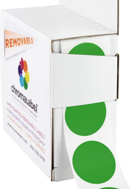 ChromaLabel 1 Inch Round Label Removable Color Code Dot Stickers, 1000 Labels per Dispenser Box, Green