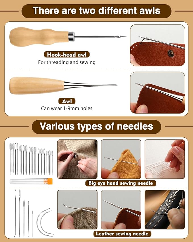 BAGERLA Upholstery Repair Kit, 50 Pcs Heavy Duty Sewing Kit with 8 Colors Thread 32 Pcs Upholstery Needles, Sewing Awls for Hand Stitching Car Sofa Shoe Backpack Craft DIY