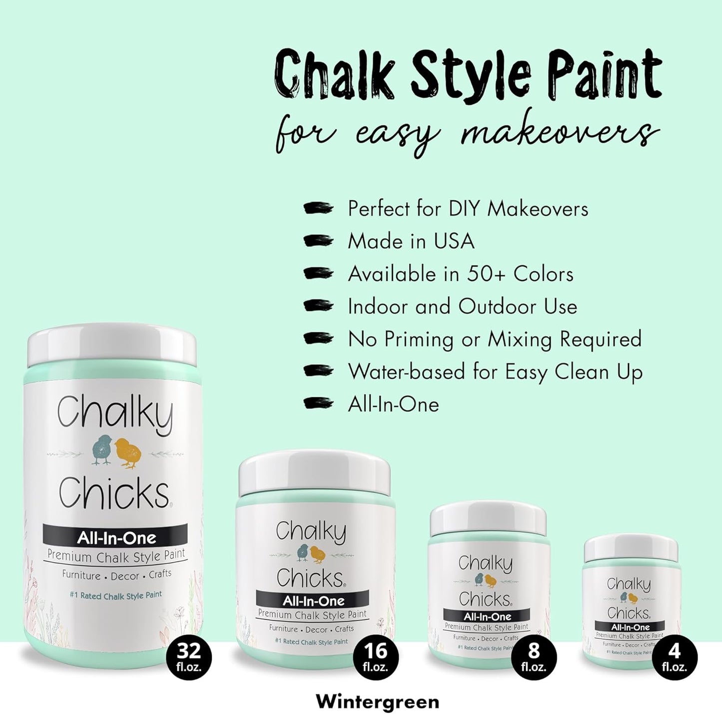 Chalky Chicks All-in-One Chalk Paint for Furniture or Cabinet - 8 Fl Oz - Matte Finish Wintergreen (Mint) for Metal, Wood Furniture Paint - No Sanding All-in-One for Home Decor & Crafts, USA Made