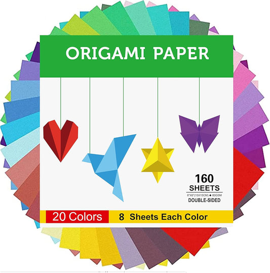 160 Sheets Origami Paper Double Sided for Arts & Crafts 20 Vivid Colors - 6 x 6 Inch Square Easy Fold Paper for Beginner