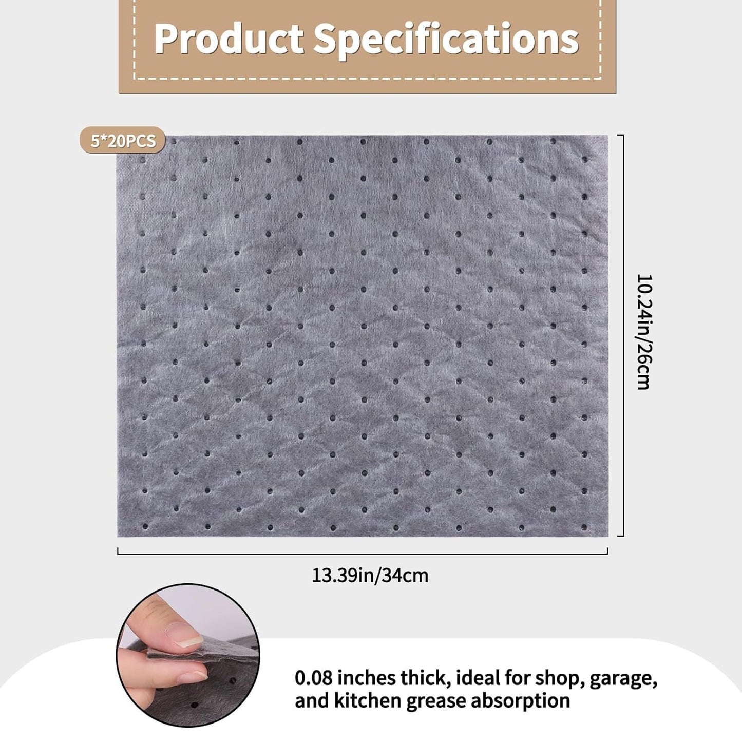E-SDS Oil Absorbent Pads with Wall Hooks - 100-Pack (5x20) 13"x10" Reusable Liquid Spill Mats for Garage & Workshop - Super Absorbent Leak Control Pads (Grey, Boxed)