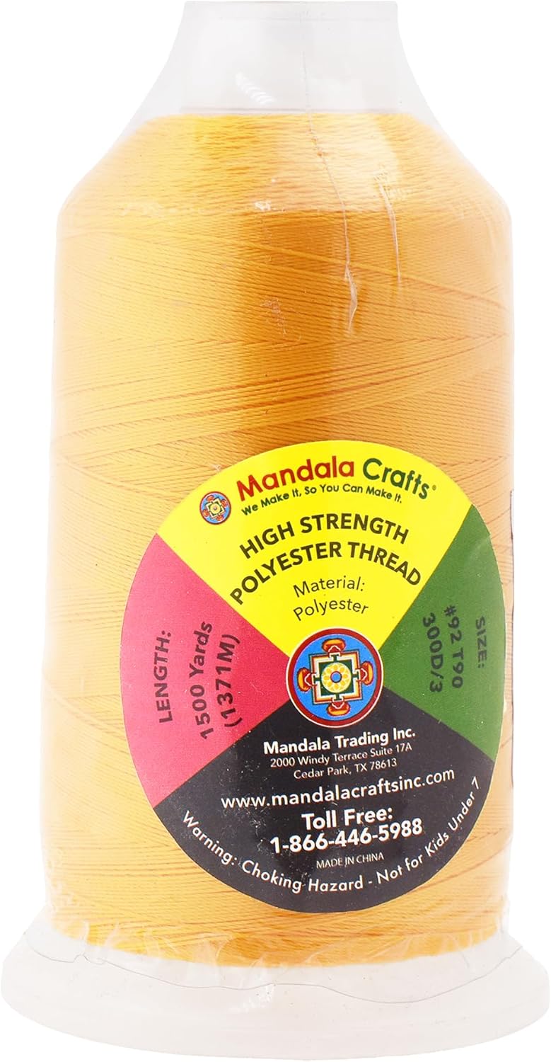 Mandala Crafts Gold Heavy Duty Thread -1500 Yds Tex 90 Thread for Sewing Drapery Jeans Leather Hair - Bonded Polyester for Outdoor Marine Upholstery