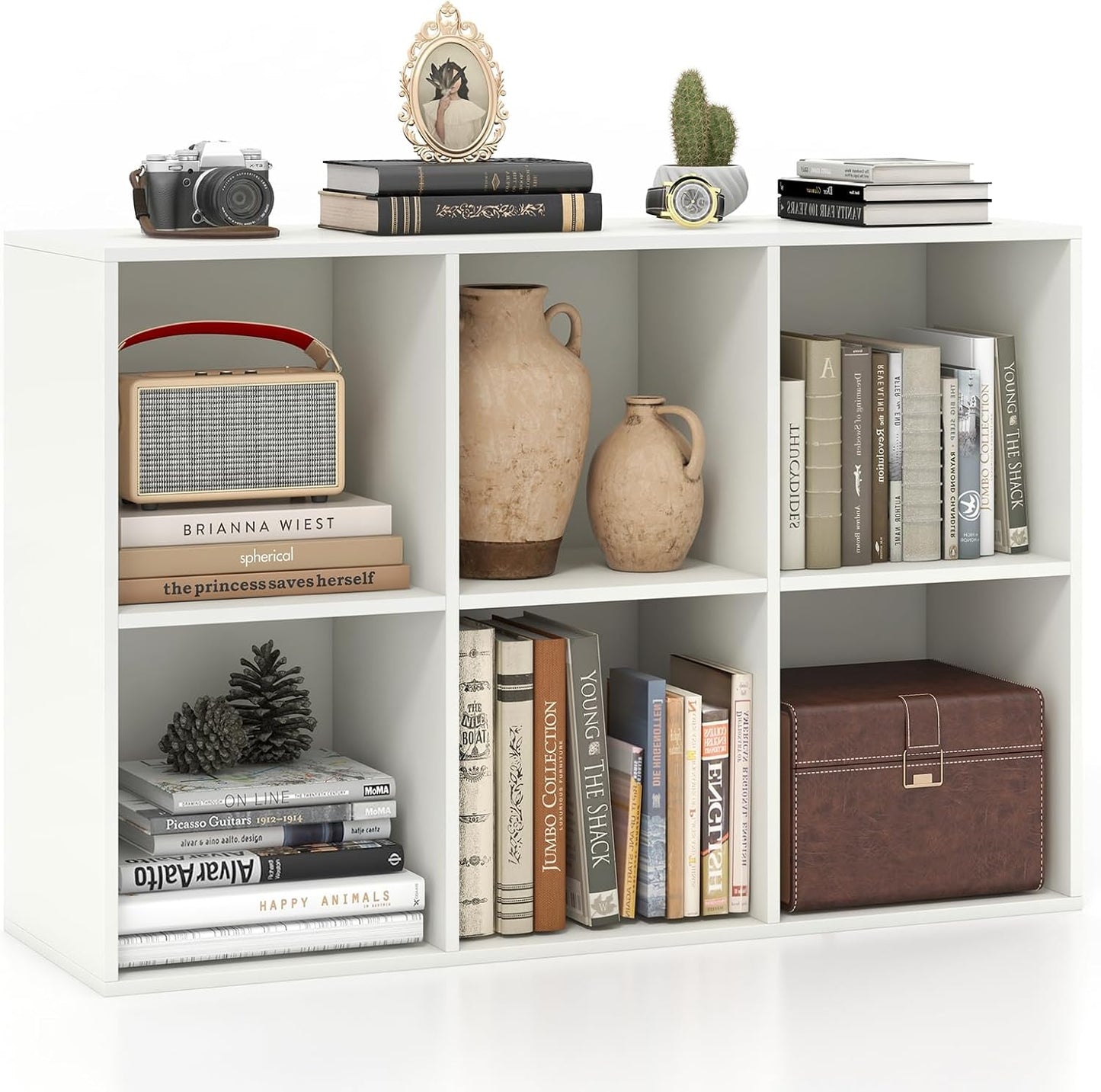 Giantex 6-Cube Bookcase, 3-Tier Cubby Bookshelf, Horizontal Vertical Display Rack with Anti-Tipping Kits, Modern Storage Organizer Shelf Unit for Bedroom, Living Room, Study Room, White