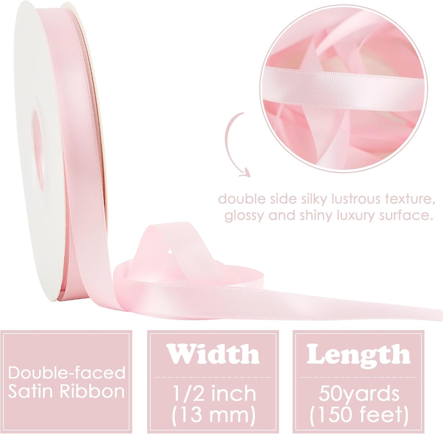 HUIHUANG Pink Satin Ribbon 1/2 inch X 50 Yards Continuous, Baby Pink Double-Faced Satin Ribbon for Gift Wrapping, Bows, DIY Crafts, Flower Bouquet, Bridal Shower Wedding Decor