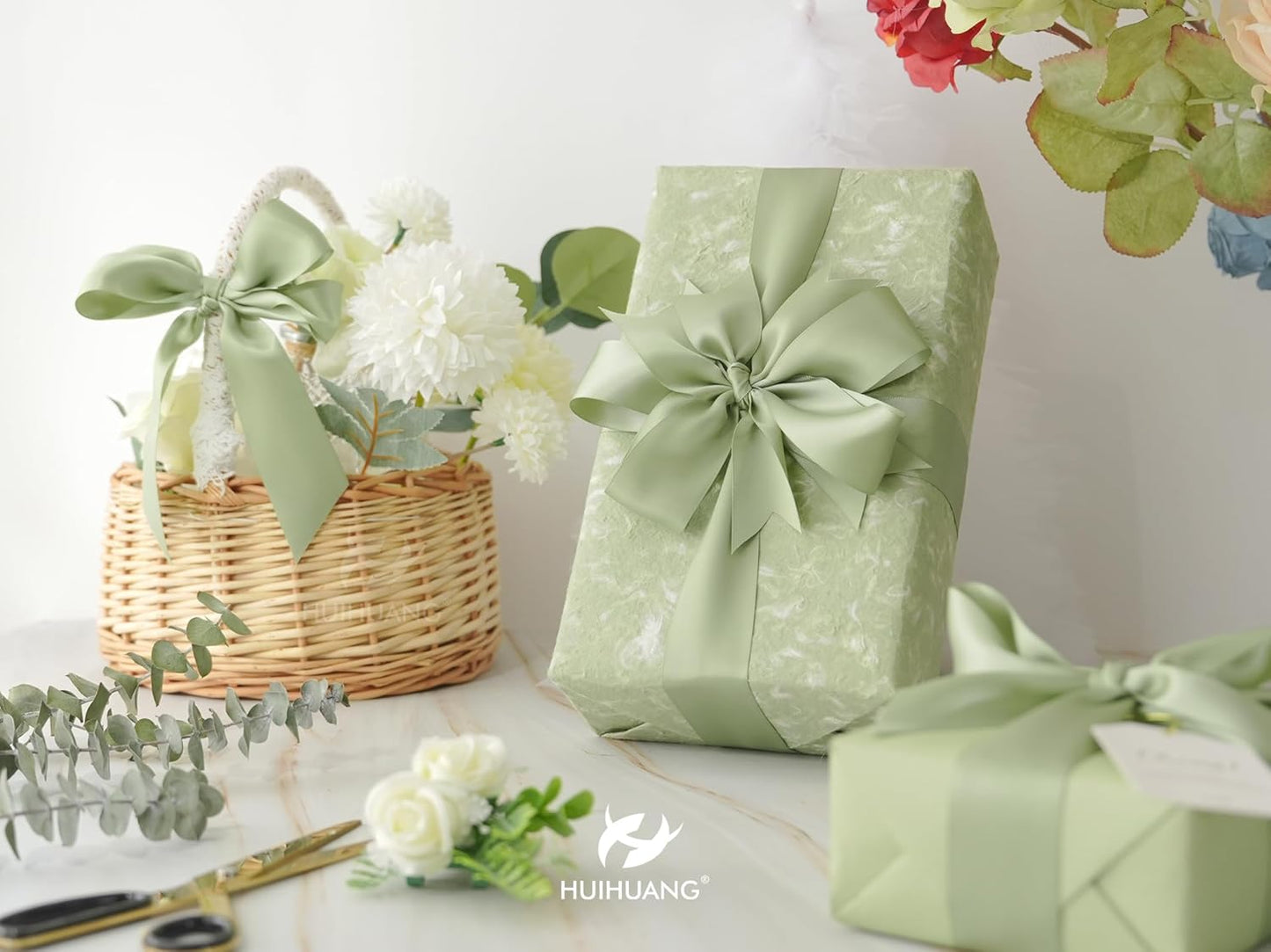 HUIHUANG Sage Green Satin Ribbon 1-1/2 inch x 100 Yards Green Double-Faced Satin Ribbon for Flower Bouquet, Gift Wrapping, Eternal Roses, DIY Crafts, Bridal Shower Wedding Decor