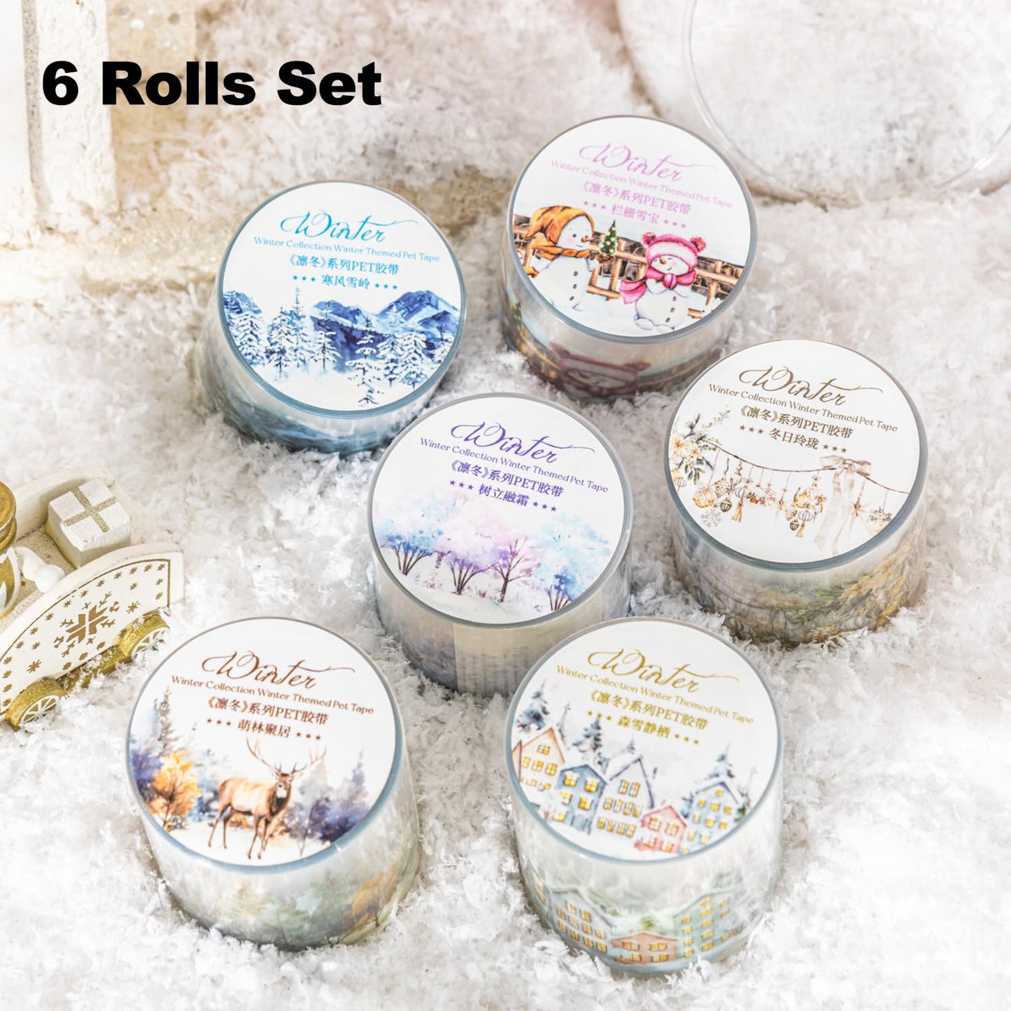 6 Rolls Winter PET Tape Set, Landscape Stickers for Journaling, Scrapbooking, and DIY Crafts, with Decorative Clip