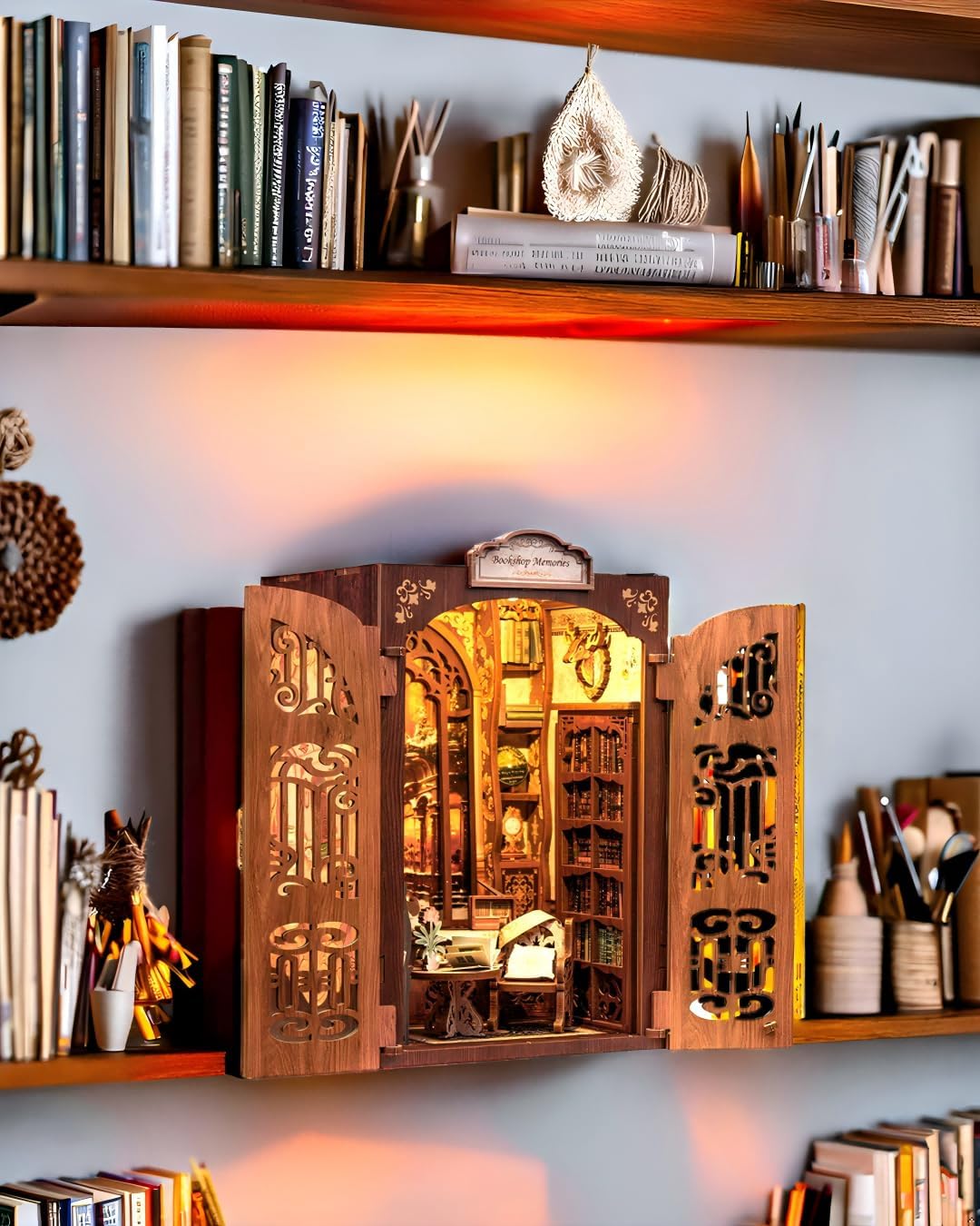 Fsolis Book Nook Kit, DIY Miniature Dollhouse Kit 3D Puzzles for Adults and Beginners, 127 Wooden Pieces, Tiny House Mini Booknook Craft Bookshelf Decor, Gifts for Women Book Lovers(Bookshop Memory)