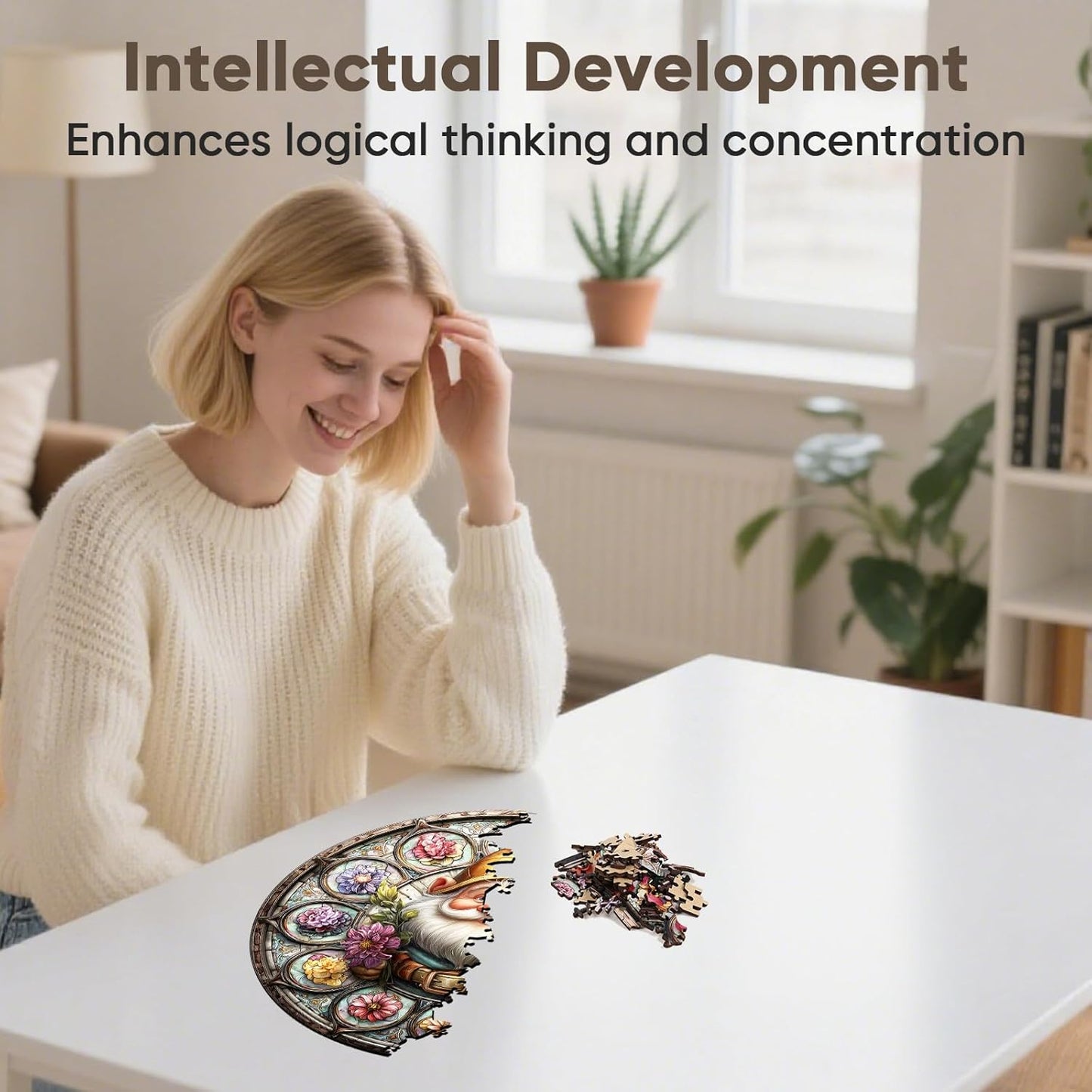 Wooden Puzzles for Adults, Gnome Puzzle 476 Pieces, Unique Shaped Jigsaw Puzzles for Adults and Kids, Birthday Gifts Fun Challenge Family Game 16.5'' x 16.5''