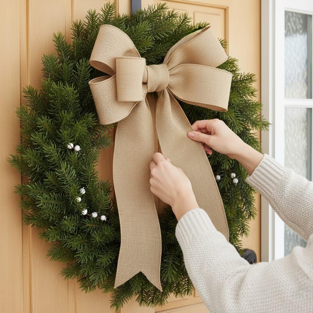 CT CRAFT LLC Burlap Fabric Wired Ribbon 4" x 20 Yards Natural Color for Christmas Home Wedding Decor Gift Wrapping Tree Topper Bow Wreath Bouquet DIY Crafts