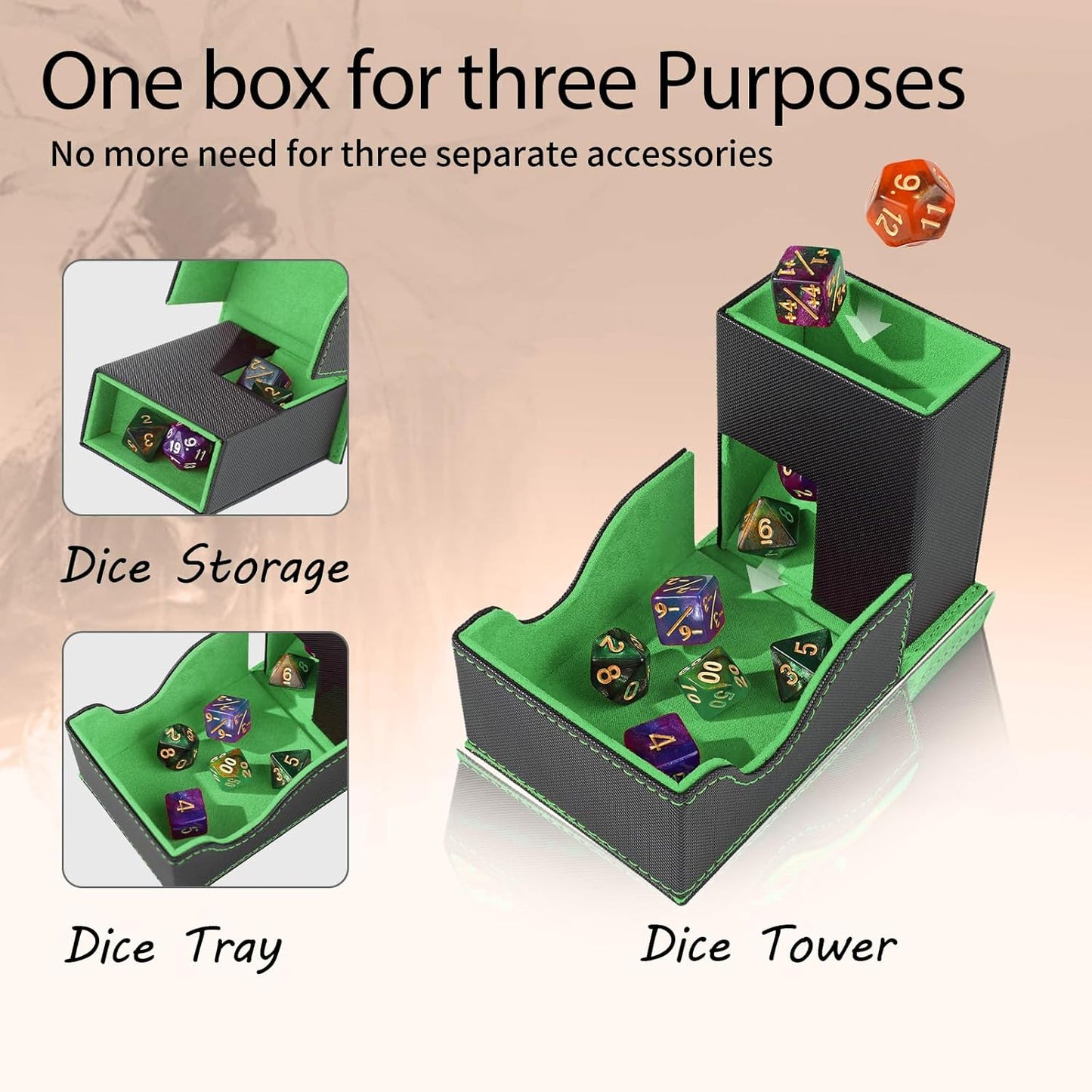 Dice Tower and Tray, Portable Commander Deck Box, Foldable Dice Storage Box for Dungeons and Dragons Rolling Tray Black/Green