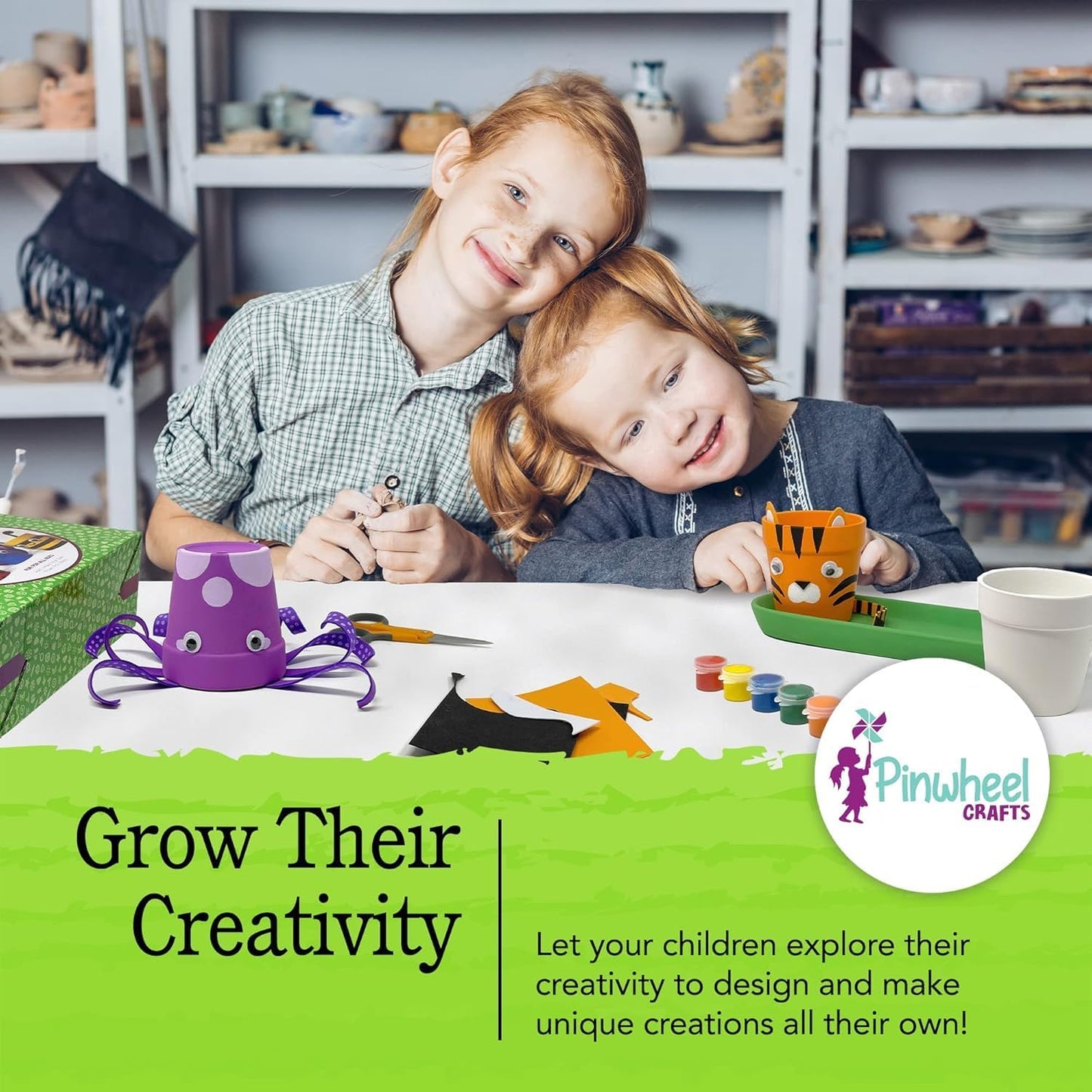 Pinwheel Crafts Flower Pot Painting Kit – Paint Your Own Kids Gardening Set with Seeds, Soil, 8 Paints, 2 Brushes & 3 Pots, DIY Plant Growing Kit for Kids Ages 8-12+, Kid Gardening Set