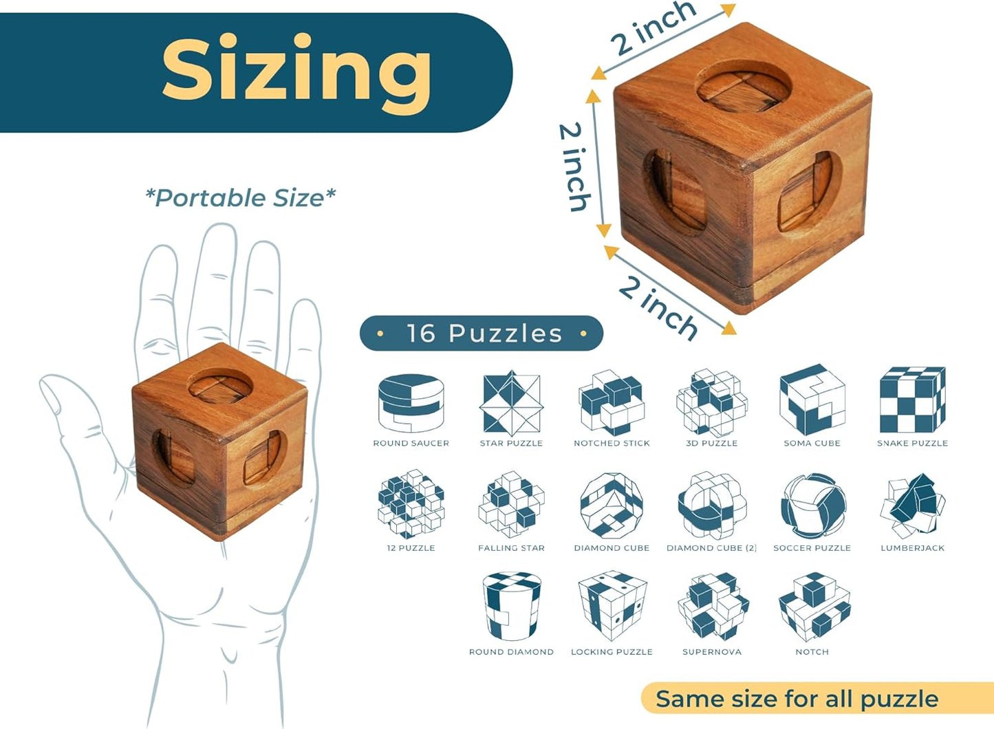 BSIRI 16 in 1 Wooden Brain Teaser Puzzles for Adults and Teens or Kids Interlocking 3D Mini Wood Mind Games Hand Puzzle Teasers Set Toys Coffee Table Games Gift