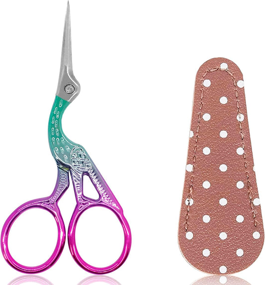 BIHRTC 3.6 Inch Small Crane Precision Detail Scissors Protective Leather Cover Stainless Steel Sharp Tip Needlepoint Scissors for Sewing Crafting Embroidery Scrapbooking
