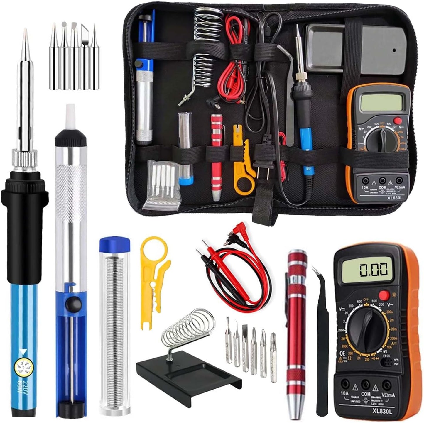 Electric Sodering Iron Kit set 110V 60W Adjustable Temperature Soldering Iron Digital Multimeter 5pcs Soldering Tips Solder Wire Stand, Desoldering Pump Tweezers Welding Tool Screwdriver wire stripper