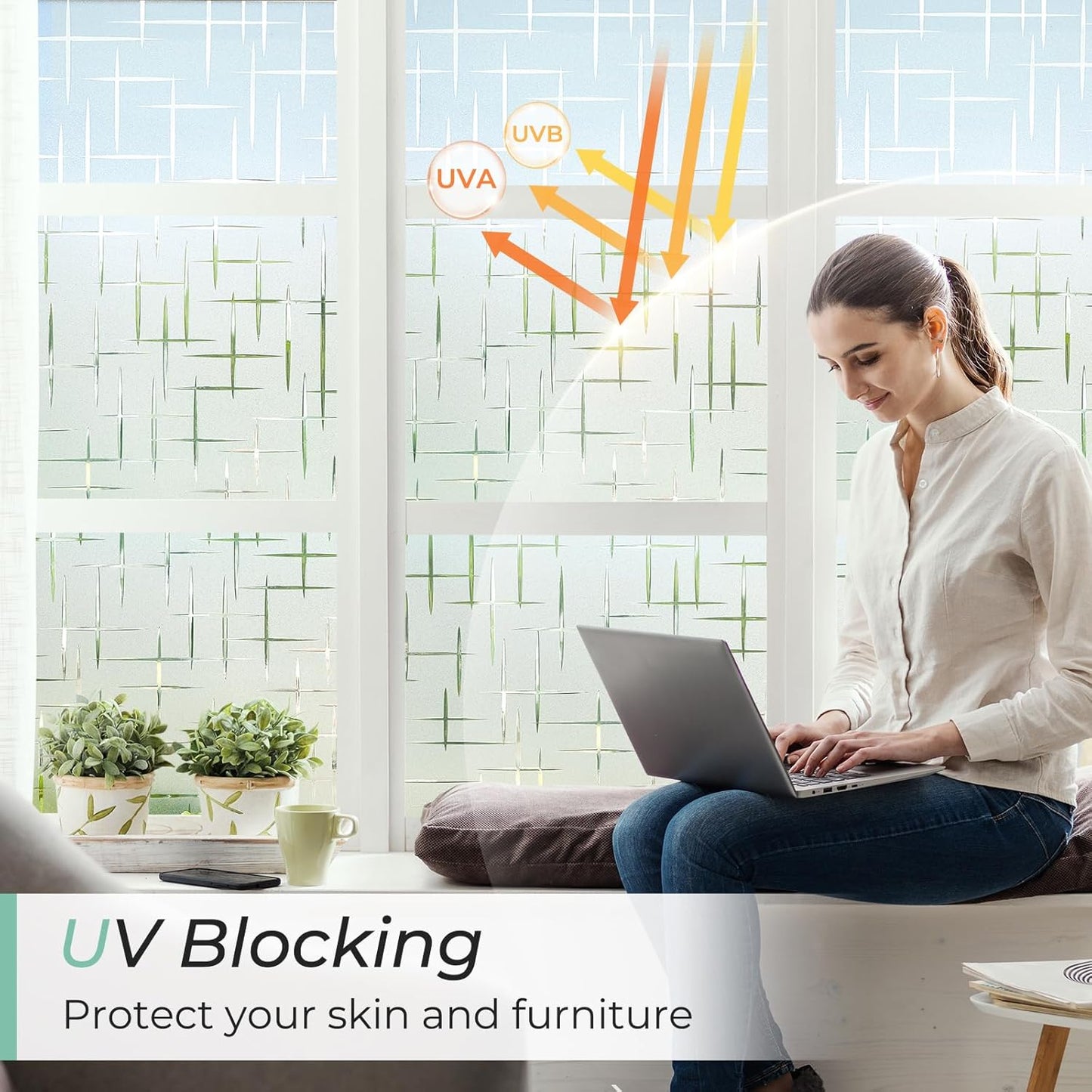 DOWELL Window Privacy Film Frosted Glass Window Film, Sun Blocking Non-Adhesive Glass Cling, Decorative Door Sticker, Self Static-Cling Tint Covering for Home Office, Cross Pattern 35.4" x 78.7"