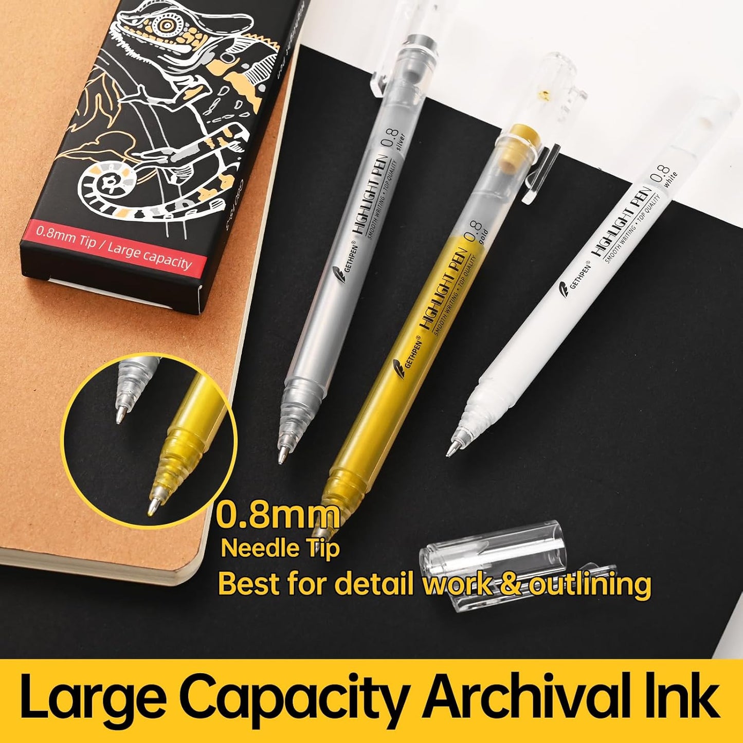 Silver Gel Pens, 0.8mm Fine Point Gel Ink Pen Set for Artists – Opaque Archival Ink for Black Paper Drawing, Card Making, Journaling Pack of 3