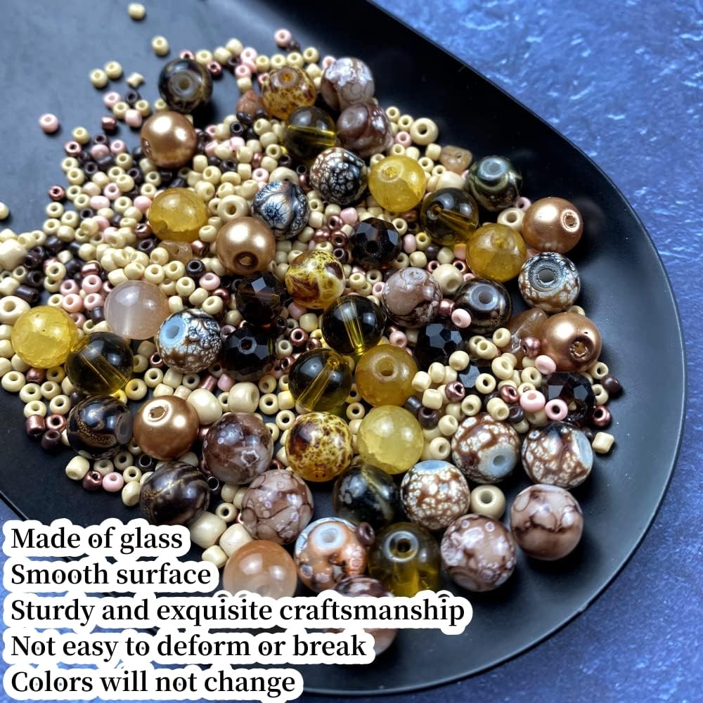 Assorted Glass Resin Beads Multi Size Colors Smooth Cracked Gravel Millet Spacer Beads for Bracelets Necklace Earring DIY Jewelry Making Craft(Light Brown Series)