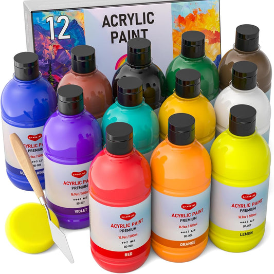 12 Colors Large Acrylic Paint Set (16.9 oz,500 ml), Bulk Acrylic Paint Non-Toxic Art Painting Supplies on Multi Surface Pumpkin Canvas Wood Craft Fabric Rock for Artist Kids with Color Wheel