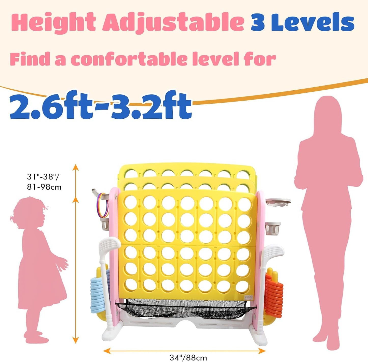 Ancaixin Giant 4 in-A-Row Connect Game Set, Adjustable Height Jumbo Yard Game with Basketball Hoop, Golf, Mesh Pocket & Ring Toss, Indoor Outdoor Family Backyard Party Game for Kids and Adults, Yellow