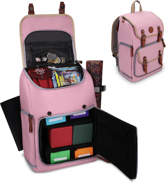 ENHANCE Mid-Size Trading Card Storage Box Backpack for Playing Card Case - Card Binder Space, TCG Deck Box Storage, Playmat Holder - Compatible with Magic the Gathering, YuGiOh, DnD (Pink)