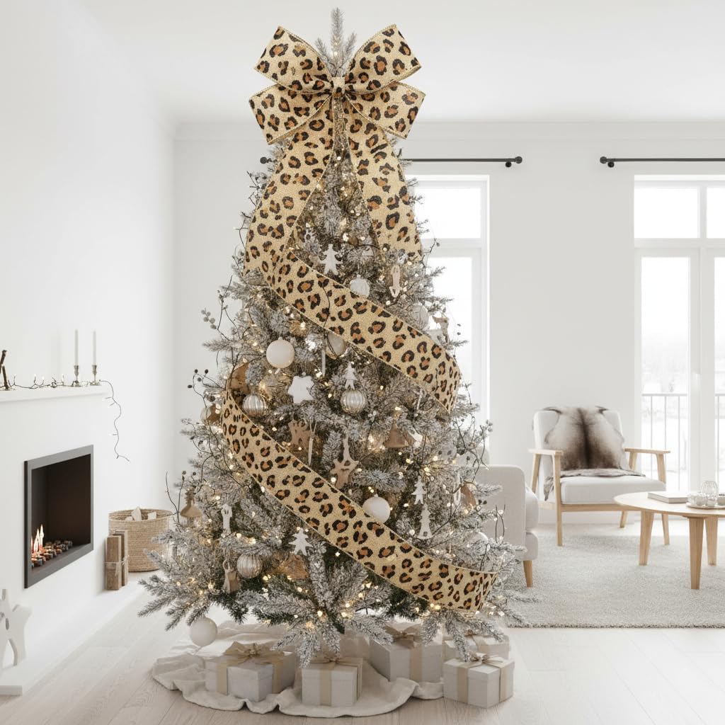 CT CRAFT LLC Burlap Leopard Fabric Wired Ribbon 2.5" x 10 Yards Natural with Black and Bronze Color for Christmas Home Wedding Decor Gift Wrapping Tree Topper Bow Wreath Bouquet DIY Crafts