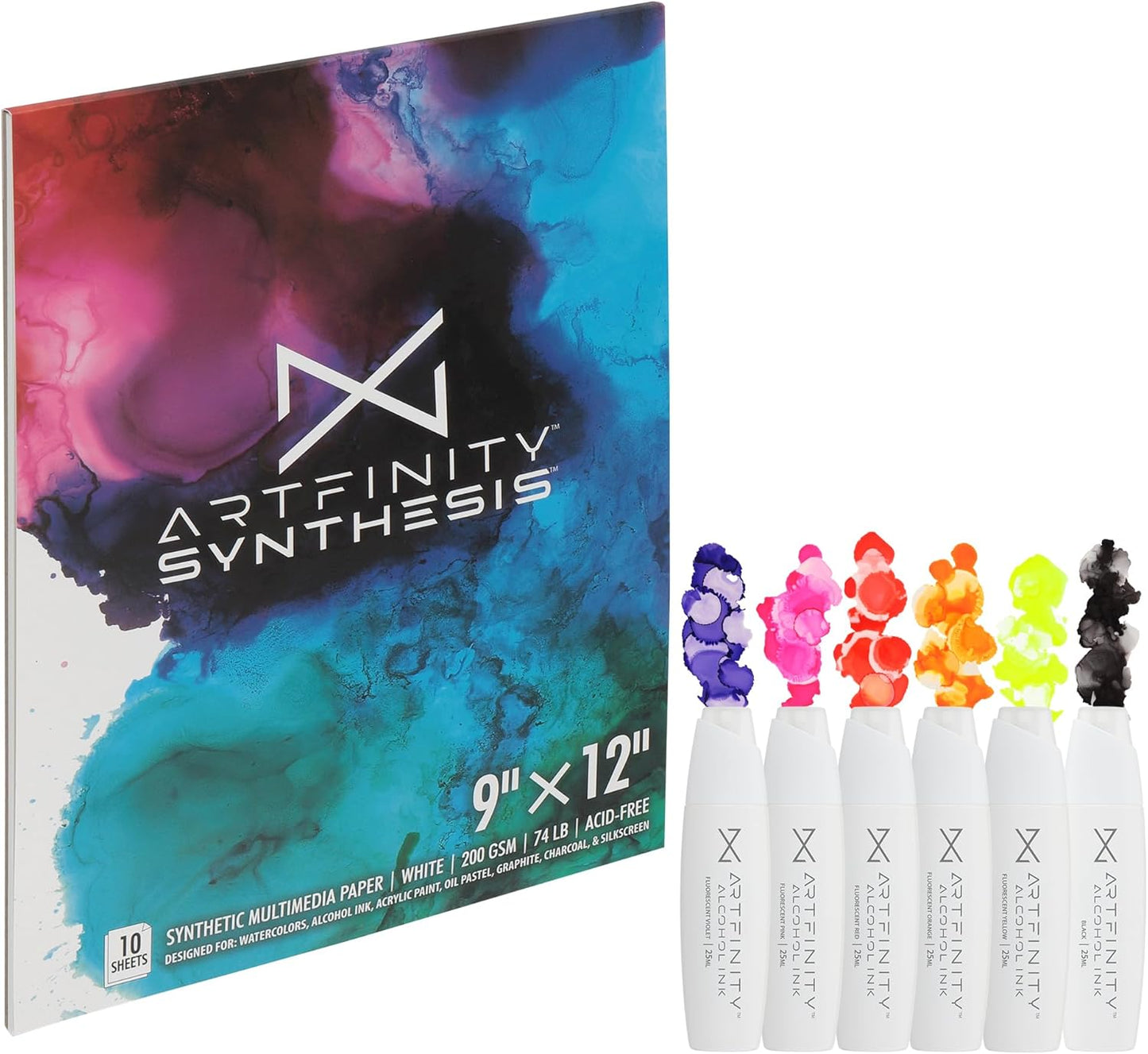 Alcohol Ink - Fluorescent Set, 7 Pieces | 10 Sheets 9x12 Multimedia Paper | Fast-Drying, Permanent, Transparent Alcohol Inks for Gloss Paper, Glass, Metal | 25 ml Bottles