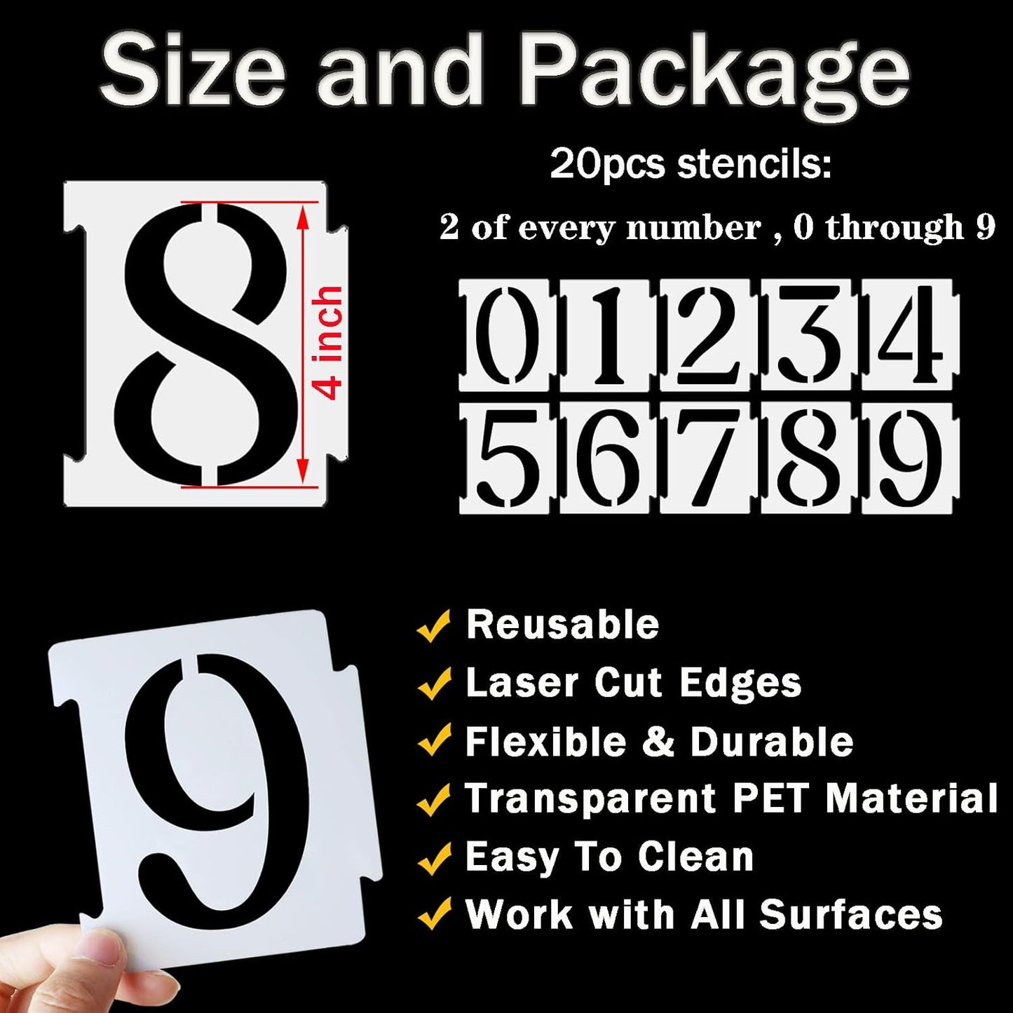 YEAJON 4 Inch Curb Stencil Kit 0-9 Address Number Stencils, 20Pcs Reusable 14 Mil Mylar Plastic Templates for Painting on Road, Wall, Wood, Mailbox
