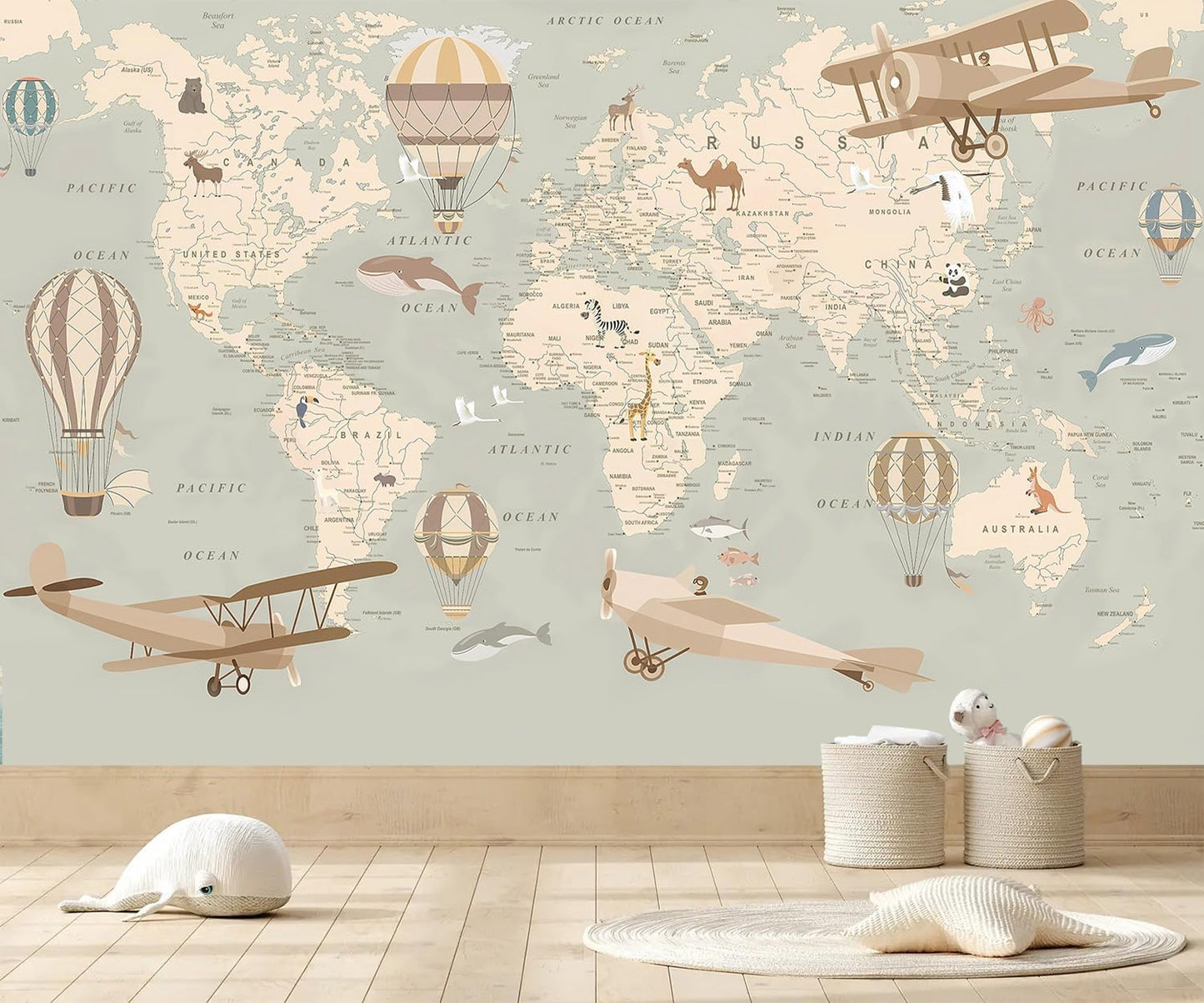AFZEVEB-Vintage Animal Wallpaper Cartoon Aircraft Map Wall murals for Kids Room 136"x96"(Not Peel and Stick)