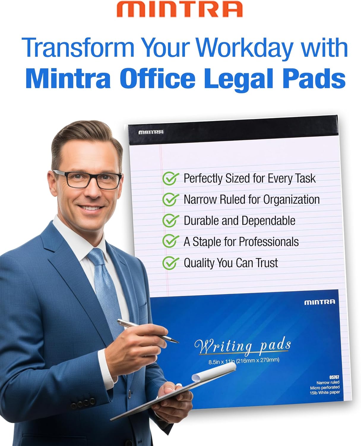 Mintra Office Legal Writing Pads – White Narrow Ruled Paper for Writing & Note-Taking – Ideal Notepads for Business, College, School & Office Use – 8.5" x 11" (6 Pack)