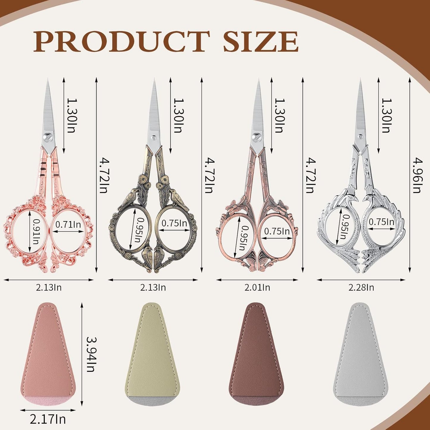 Zhehao 4 Pcs Sewing Embroidery Scissors with Artificial Leather Cover Sewing Stainless Vintage Embroidery Scissors for DIY Needlework Art Manual Handicraft (Retro)