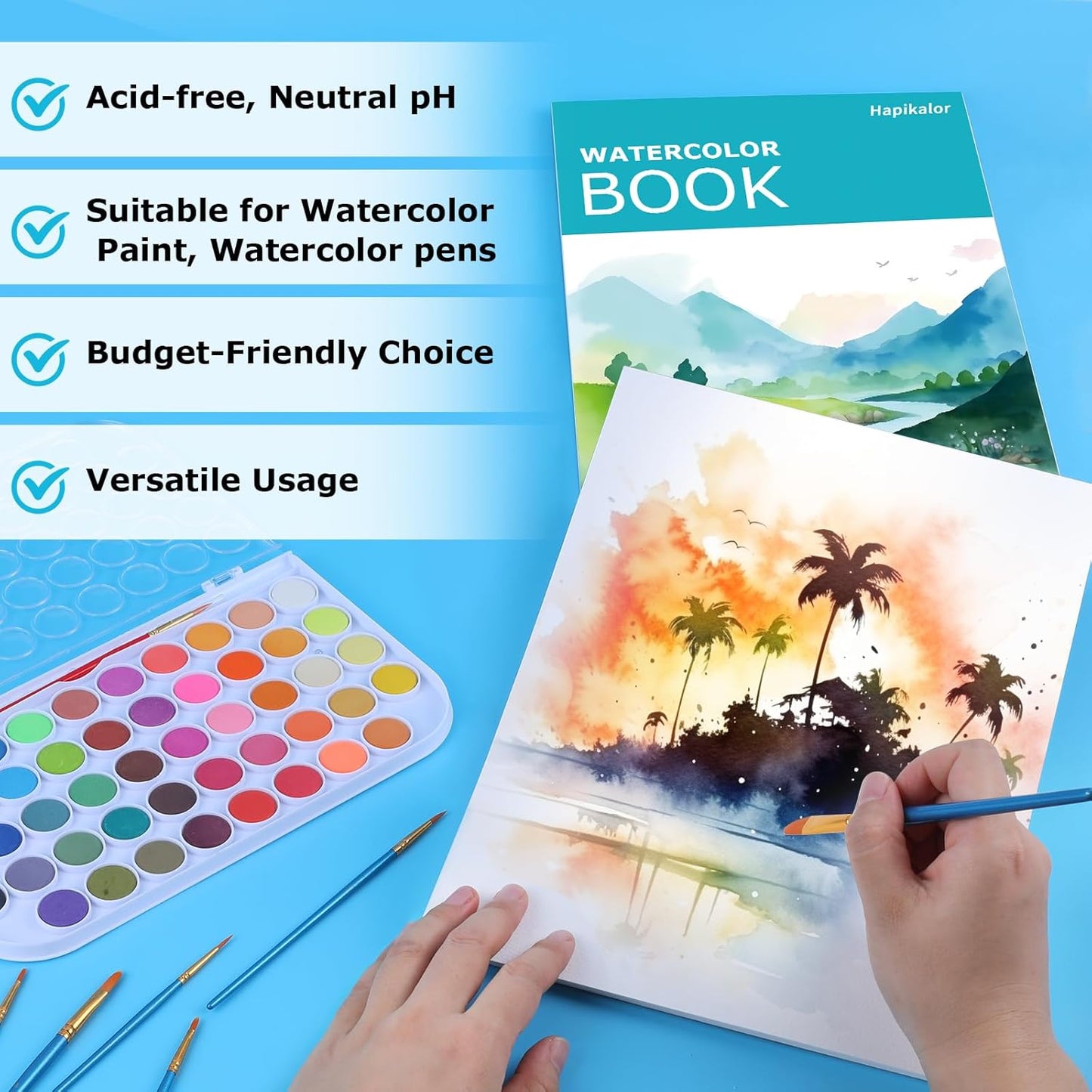 Hapikalor 9"x12" Watercolor Sketchbook, 1-Pack Spiral Bound, Water Color Paper, 140lb/300gsm Watercolor Paper, Watercolor Notebook, Watercolor Journal, Sketch Pad, School Supplies, Teal