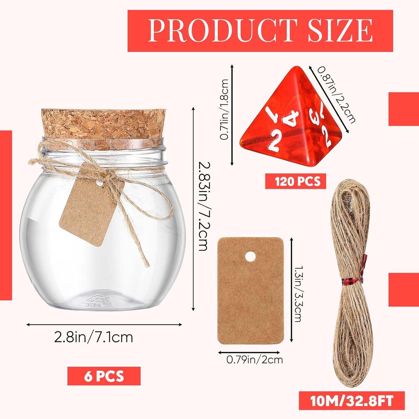 Wettarn 120 Pcs Transparent Red D4 Dice6 Pcs Pot Bottles Plastic Favor Jars with Cork Lids Healing Potion Bottles Polyhedral Dice Set for Party Favors Table Games(Ball Style)