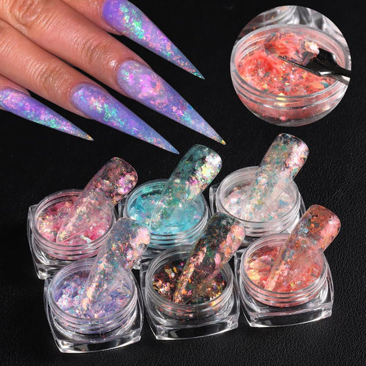 Holographic Iridescent Nail Art Glitter Flakes, 6 Colors Sparkly Ultra-Thin Aurora Foil Nail Art Flakes Designs, Opal Powder Nail Glitters Sequins Acrylic Supplies DIY Manicure Decorations
