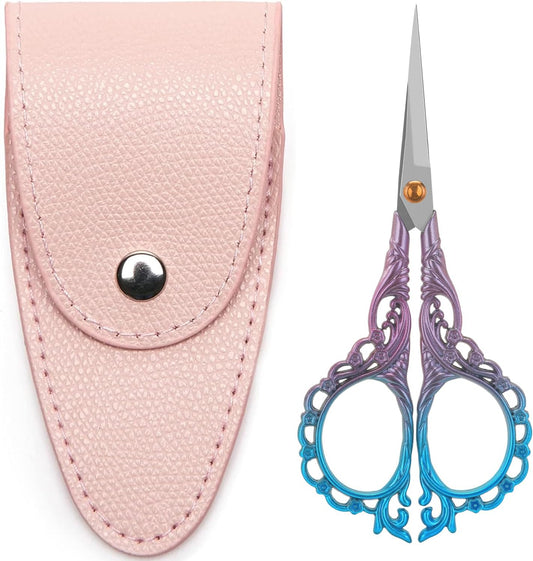 4.7-Inch Sharp Stainless Steel Sewing & Embroidery Scissors with Cover, Portable Travel Pouch, Pointed Tip for Craft Art Work, Crochet, Mini Scissors – Pink Blue