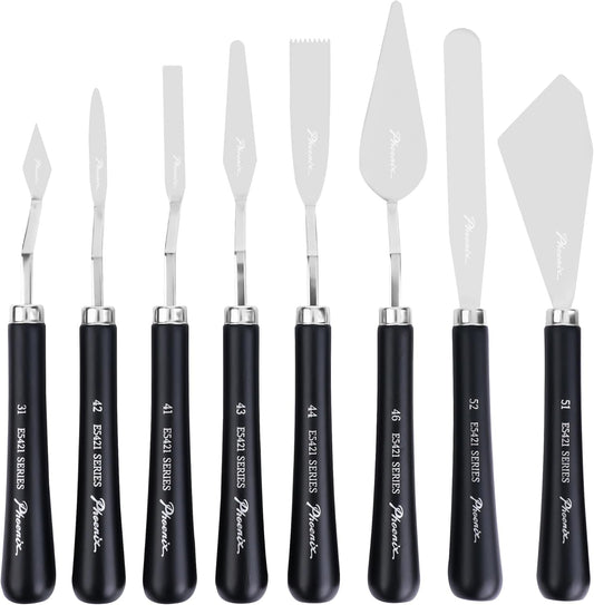 PHOENIX High Flexible Palette Knife Set, 8 Pieces Stainless Steel Painting Knives (31,41,42,43,44,46,51,52) Art Knife with Wood Handle, Paint Spatula for Oil Acrylic Paint