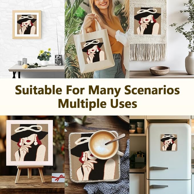 Doodlream Elegant Lady DIY Punch Needle Embroidery Kit for Adult Beginner, 9.4" Woman Wearing Hat Punch Stitching Craft Set for Starter with Frame, Fabric Pattern, Threader, Yarn, Pinch Needle