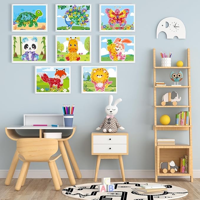 8PCS Poke-in Craft and Art Kit Animal Theme No-Mess Fabric Sewing Art Puzzle Puncture Painting DIY Jungle Animal Toy Gifts for Creative Activity Game Birthday Party