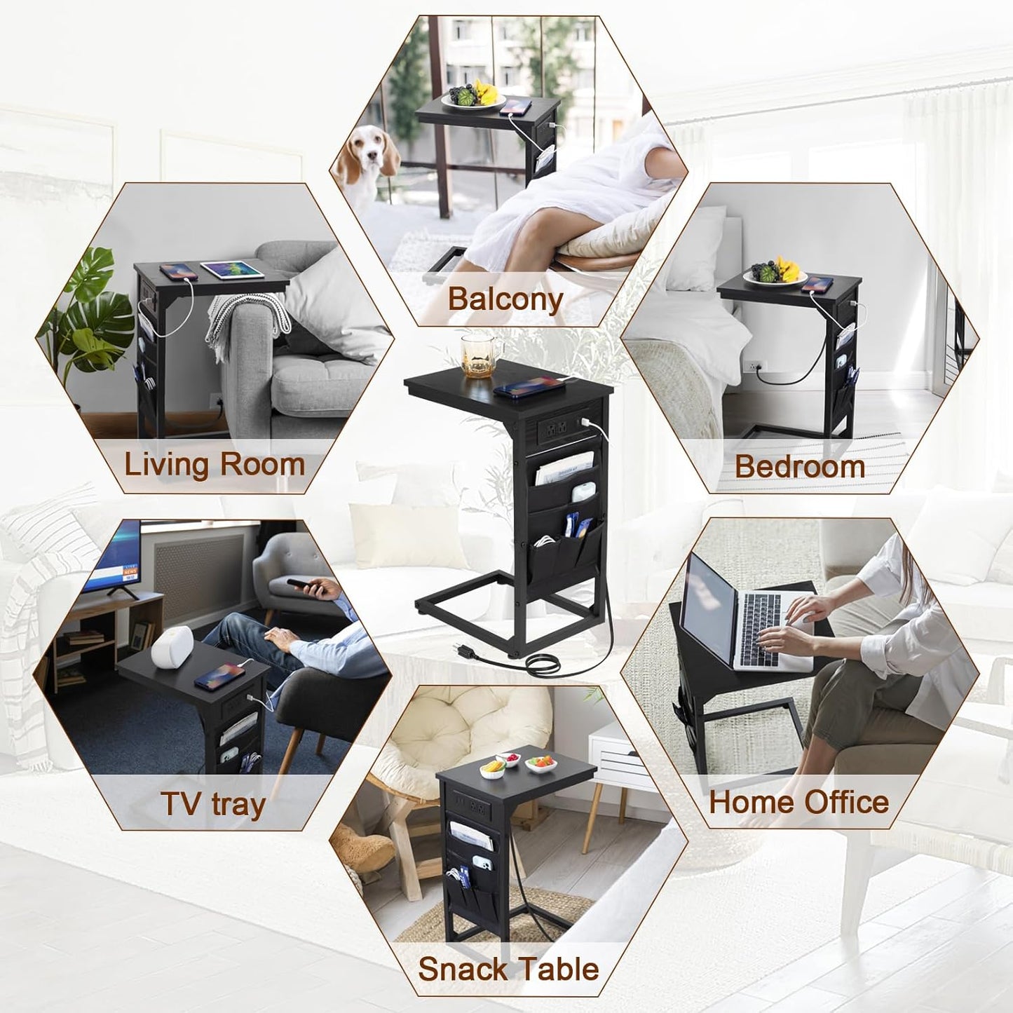 AMHANCIBLE C Shaped End Table with Charging Station, TV Tray Set of 2, Couch Tables with Storage Bag, Slide Under Sofa Side Table with USB Ports and Outlets for Living Room, Black, HET04CBK