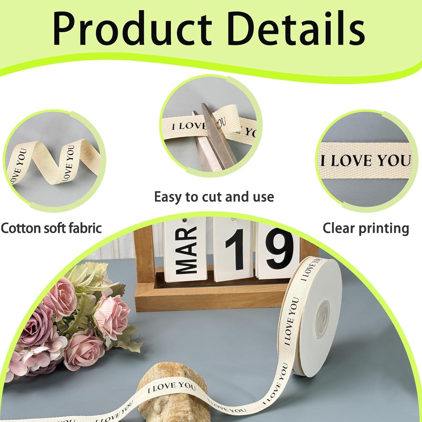 Cotton Herringbone Ribbon - Natural Twill Tape for Custom Gift Wrapping & DIY Crafts-5/8 Inch x 15 Yards - I Love You Printed Phrase