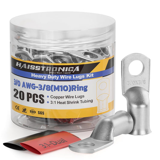 haisstronica 10pcs 3/0 AWG - 3/8"(M10) Tinned Copper Battery Lugs