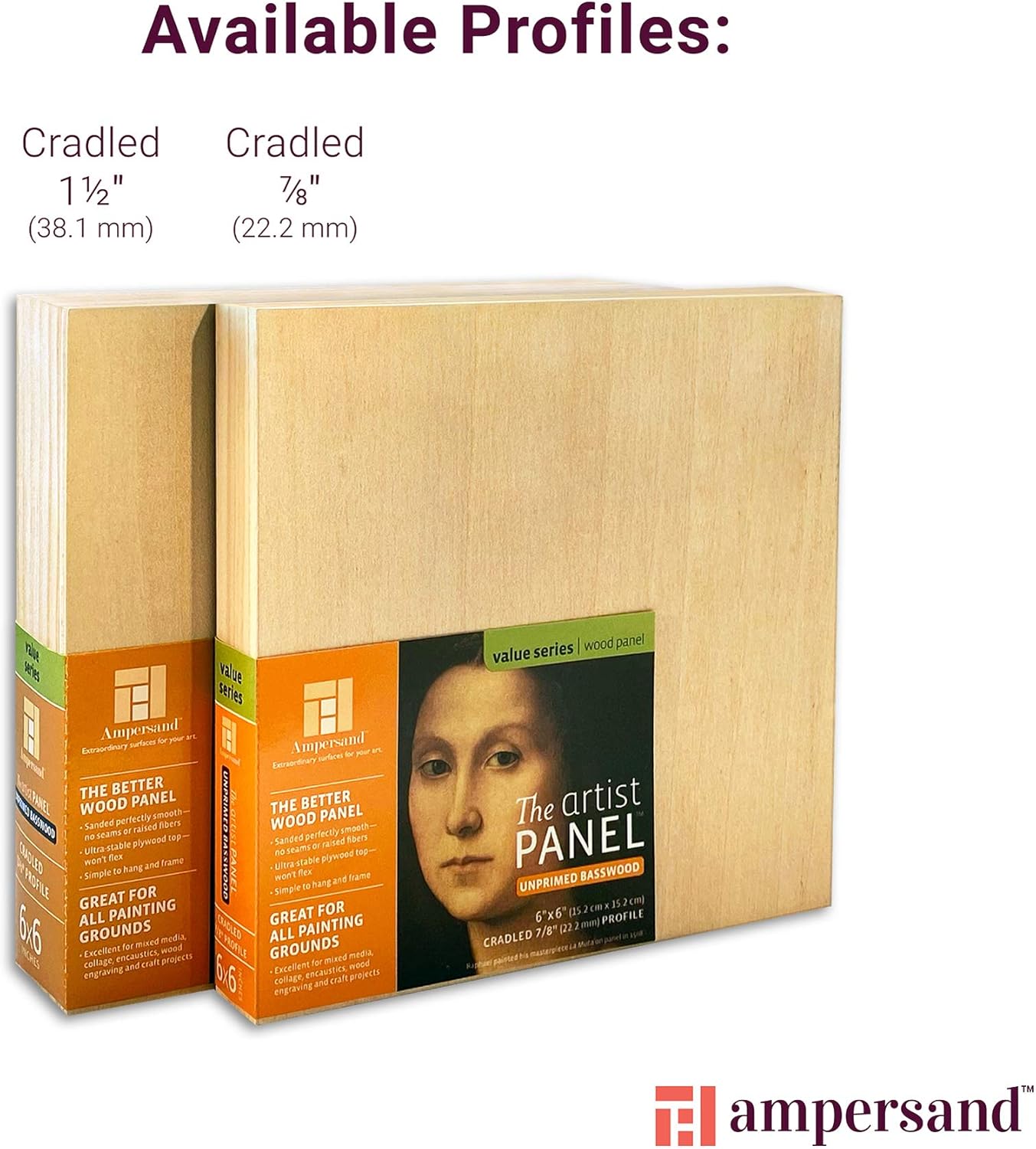 Ampersand Art Supply Unprimed Basswood Artist Panel, 1-1/2" Cradled Profile, 16"x20"