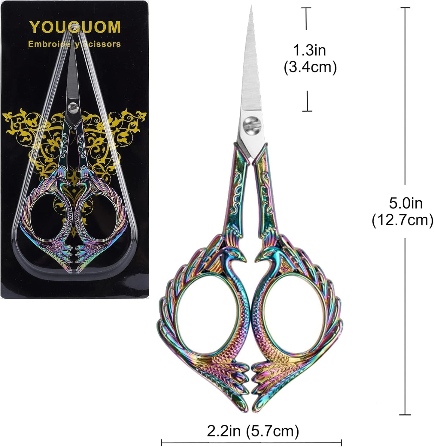 Embroidery Scissors - Small Vintage Sharp Detail Shears for DIY Craft, Sewing, Artwork, Needlework Yarn, Fabric Cutting, Thread Snips, 5in Rainbow Peacock Style