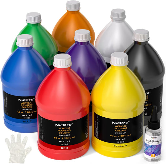 Nicpro 8 Colors Large Bulk Acrylic Pour Paint Set (69oz,2040ml) Premixed High Flow Art Pouring Paint Supplies Kit with Silicone Pour Oil, Gloves for Beginner Cell Creation Flow DIY, Ready to Pour